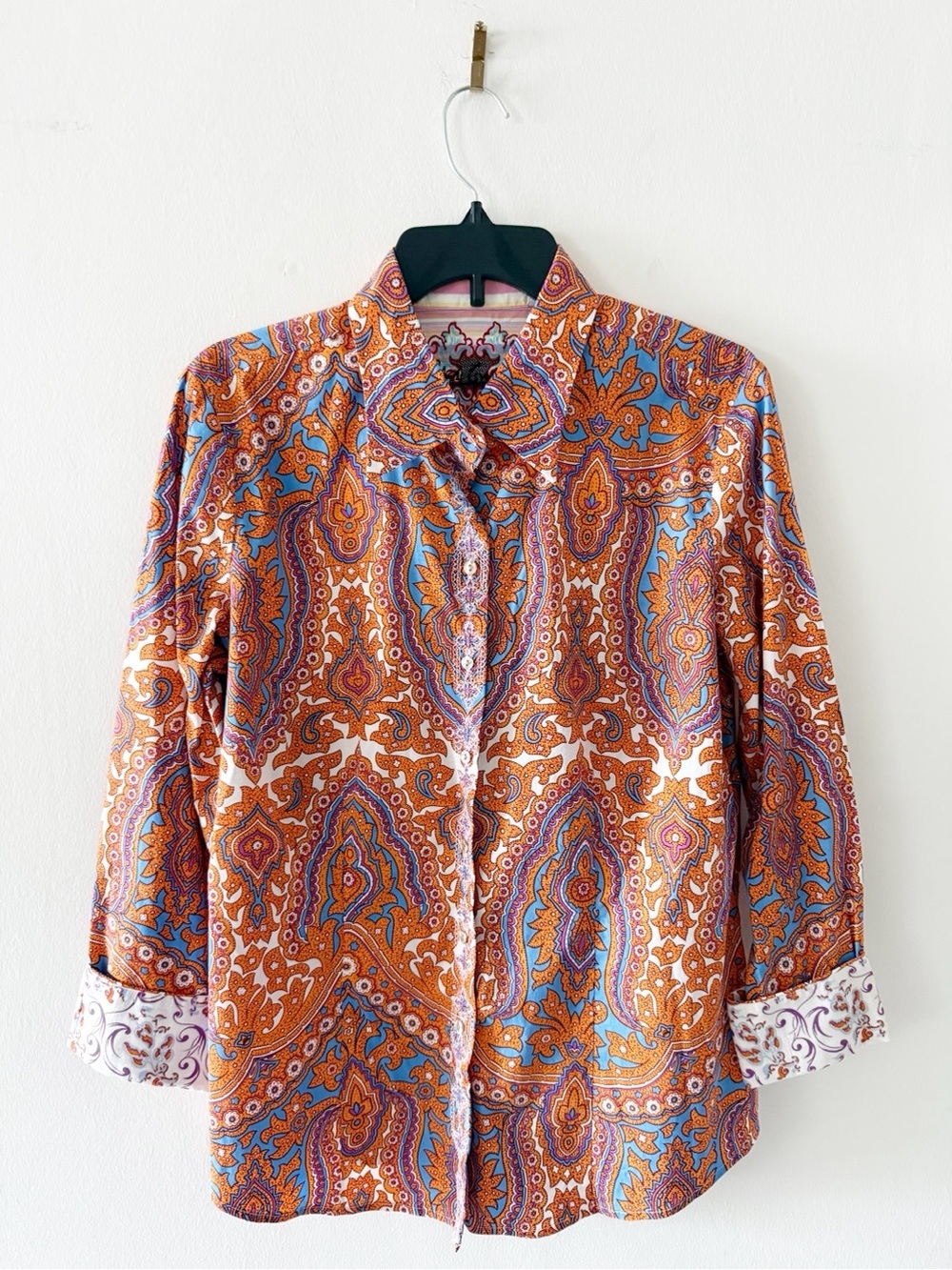 Robert Graham Women's Paisley Button Down 3/4 Sleeve Flip Cuff Blouse Size XL